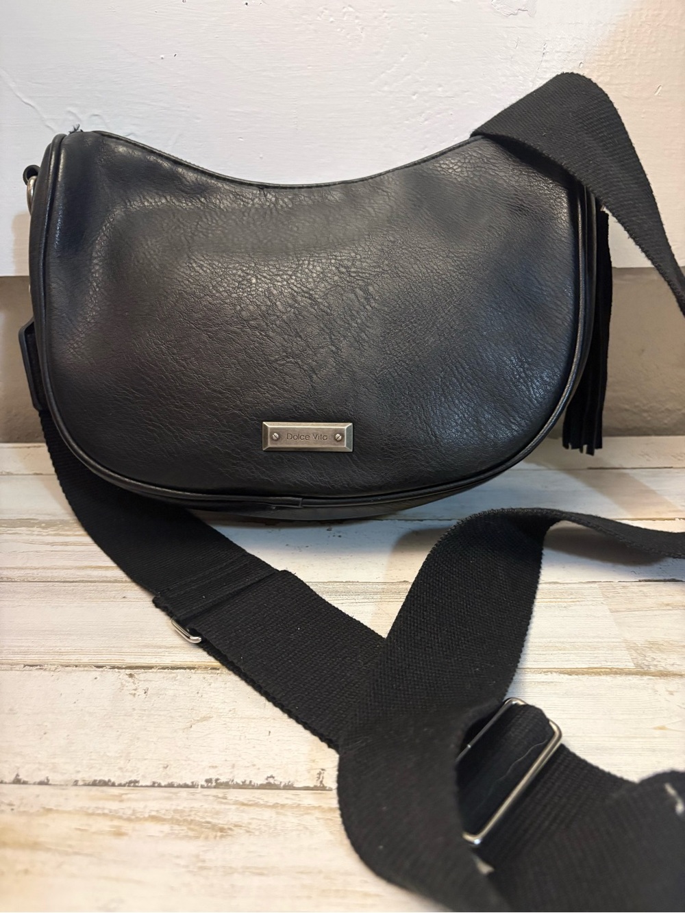 Dolce Vita Black Leather Crescent Crossbody with Tassel